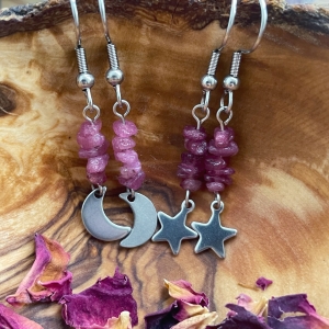 Moons & Stars charm earrings with Rubellite (pink tourmaline)